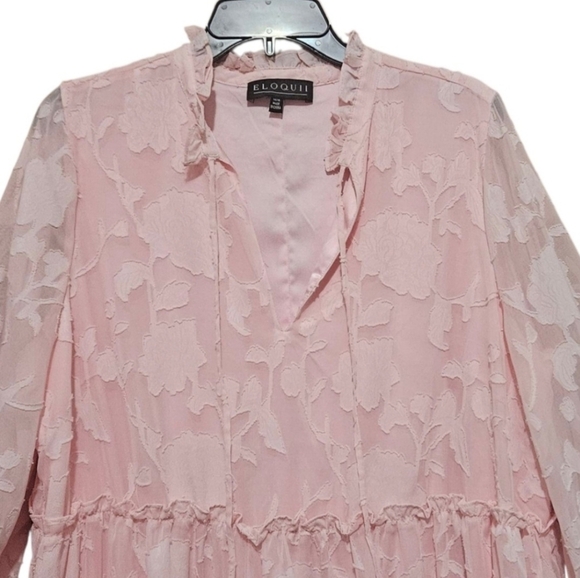 Eloquii Mini Pink Chiffon Tiered Ruffle Dress with Bow Neck Long Sleeve Boho - Picture 4 of 12